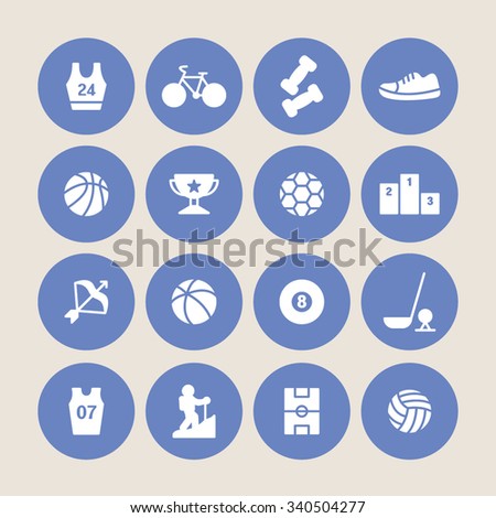 A set of vector icons for sports, shirts, shoe, bicycle, dumbbell, basketball, podium, victory stand, trophy, football, archery, golf, water polo, billiards, uniform, volley ball, climbing, tennis