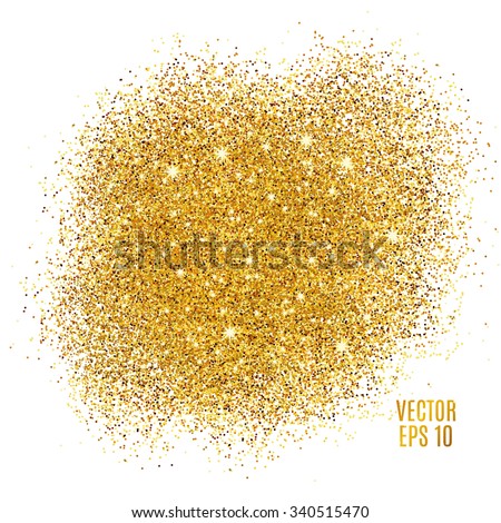 Gold sparkles on white background. Gold glitter background. Golden backdrop for card, vip, exclusive, certificate, gift, luxury, privilege, voucher, store, present, shopping. Royalty-Free Stock Photo #340515470
