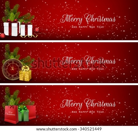 Set of christmas banners with gift boxes,bag and clock.Vector