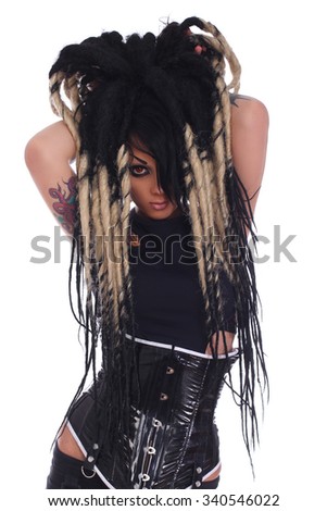 Emo goth girl with stylish haircut isolated on white background.