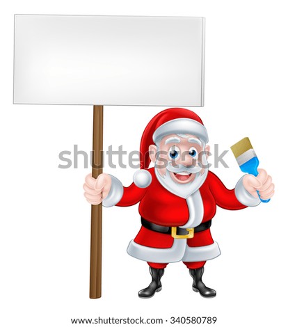 A Christmas cartoon of Santa Claus holding a paintbrush and sign board