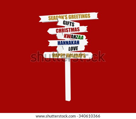 Season's Greetings Directional Arrow Sign (Christmas, Kwanzaa, Hannakah) Love, Gifts Happy Holidays isolated on red background