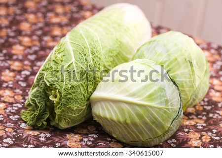 White headed cabbage and chinese leaf vegetable ingredient laying on floral table healthy nourishment natural vitamins studio closeup, horizontal picture