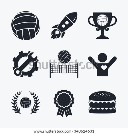 Award achievement, spanner and cog, startup rocket and burger. Volleyball and net icons. Winner award cup and laurel wreath symbols. Beach sport symbol. Flat icons.