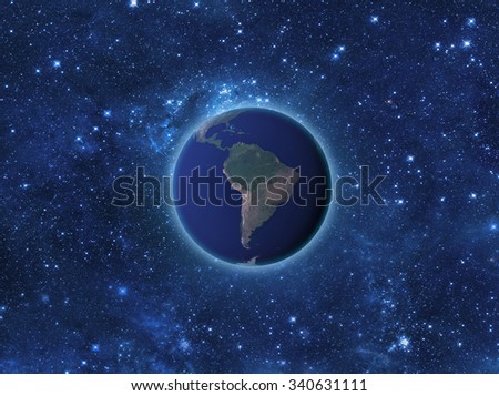 Planet Earth in outer space. Imaginary view of blue glowing earth orbit in a star field. Abstract cosmos in dark galaxy scientific astronomy background. Elements of this image furnished by NASA.