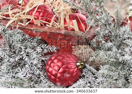 Glass Christmas ornaments packed in an old antique wooden box with snow covered pine boughs surrounding them. Extreme shallow depth of field with selective focus on bauble in front.