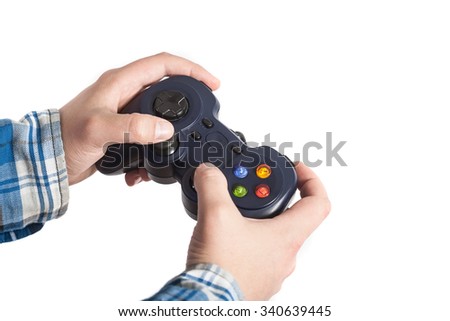 Playing video games is fun. Isolated on white background.