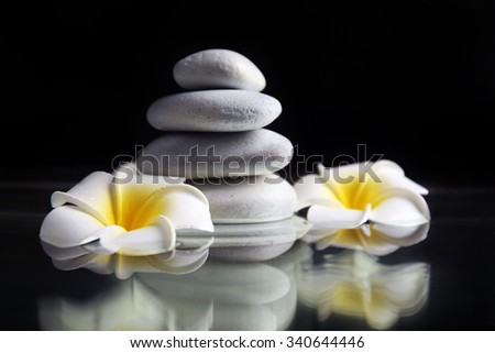 Composition of plumeria flowers and pebbles pile on black background