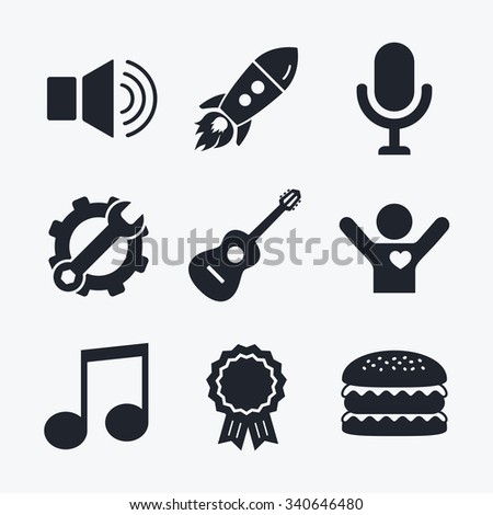 Award achievement, spanner and cog, startup rocket and burger. Musical elements icons. Microphone and Sound speaker symbols. Music note and acoustic guitar signs. Flat icons.