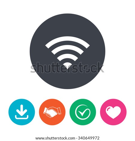 Wifi sign. Wi-fi symbol. Wireless Network icon. Wifi zone. Download arrow, handshake, tick and heart. Flat circle buttons.