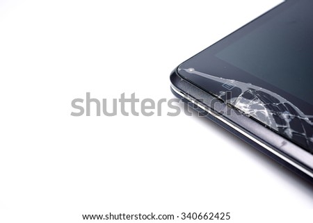 Broken screen on smartphone on white background