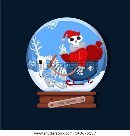 Skeleton Santa and his reindeer in a glass bowl as a joyous spirit of Christmas.