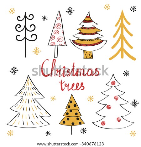 Set of cute Christmas trees. Vector doodle collection. 