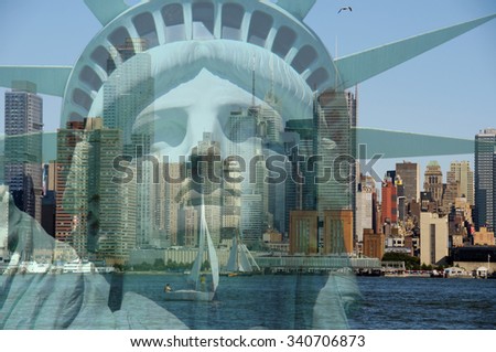 double exposure new york city cityscape skyline with statue of  liberty
