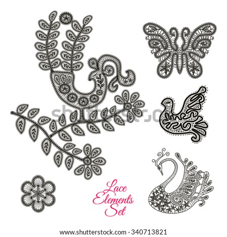 Lace elements set: bird, butterfly, swan, dove, flower. Scrapbook design elements. Vector collection