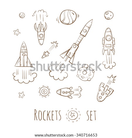 Cartoon rockets set. Stars and planets. Vector image.