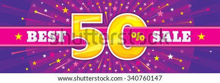 Best sale vector banner. Discount up to 50% layout. Abstract background. Concept flyer. Big offer. Horizontal poster in lilac and violet colors. 