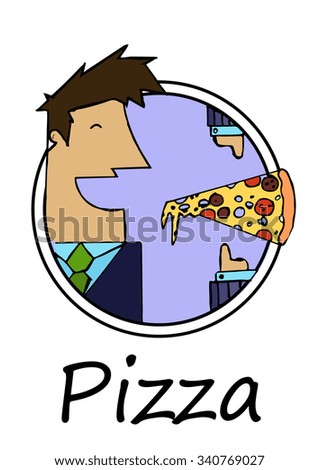 Hand drawn icon Business Man eat pizza on white background