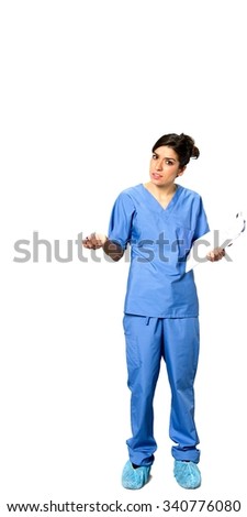 Serious Caucasian young woman dark brown in uniform holding pen - Isolated