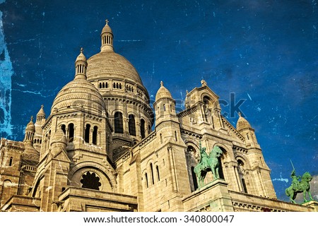 Old postcard with view of Basilica Sacre Coeur in Montmartre, Paris, France.
