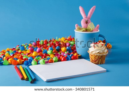 Kid art activities concept. Album for drawing and funny pink bunny