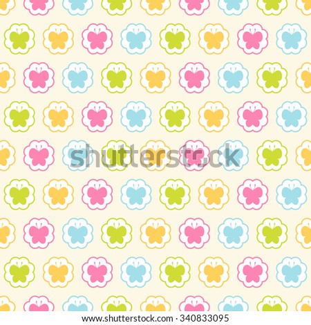 Seamless vector pattern with colorful butterfly in circles. For cards, invitations, wedding or baby shower albums, backgrounds, arts and scrapbooks. 