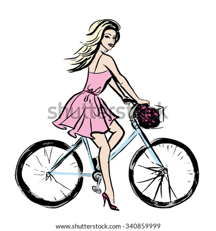Fashion illustration of young beautiful woman in pink dress on bicycle. Ink hand drawn sketch isolated on white. Clip art