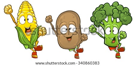 Corn potato and broccoli cartoon characters in jumping pose isolated on white background