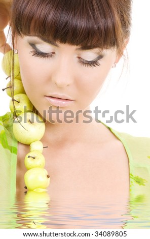 picture of beautiful woman with green apples in water