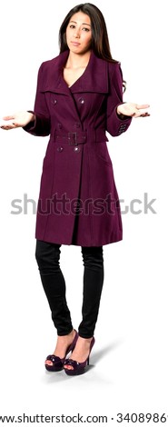 Serious Hispanic young woman with long dark brown hair in casual outfit with hands open - Isolated