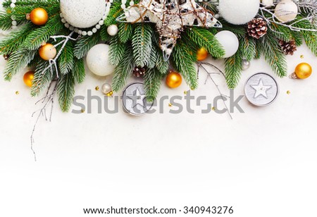 Christmas Fir Tree  Branches on a snow  surface. Christmas Holiday background.