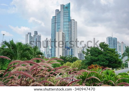 Skyscrapers with cloudy sky and plants in foreground, Panama City, Panama, Central America