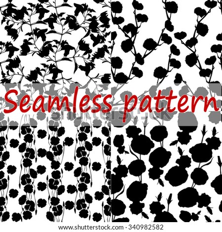 Vector black and white seamless patterns set of silhouettes of flowers