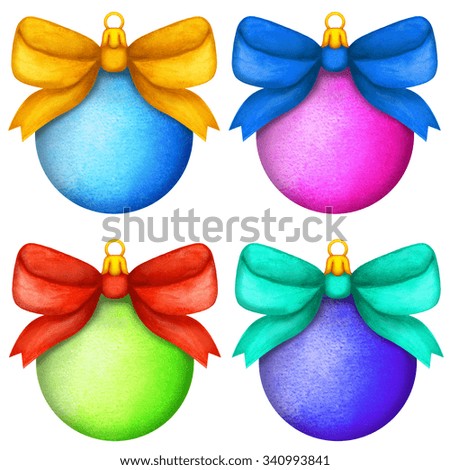 Watercolor colorful Christmas balls with tied bows isolated on white background set. Hand painting on paper