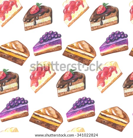 Seamless pattern of pieces of cake. Hand drawn watercolor pencils.