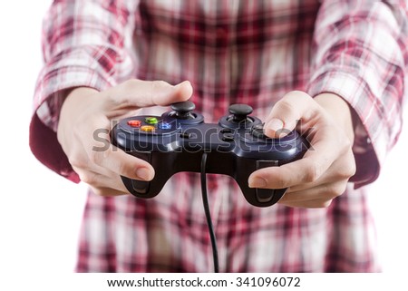 Playing video games is fun. Isolated on white background.