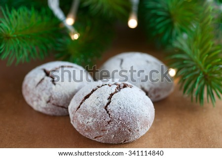Close up brownie crinkle cookies. Powdered Sugar chocolate pastry