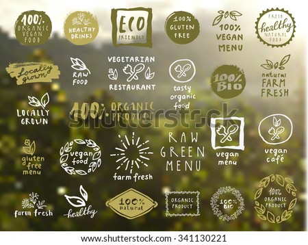 Organic food labels vector set. Fresh healthy food icons. Vintage badges for restaurant menu or food package design on blurred rural background Royalty-Free Stock Photo #341130221