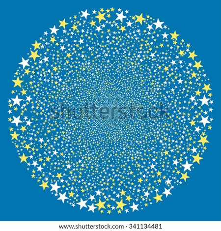 Salute Star Sphere glyph illustration. This New Year Pyrotechnic illustration is drawn with yellow and white bicolor flat stars on a blue background.