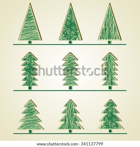 Set of nine evergreen trees in grunge style. Vector illustration for your graphic design.
