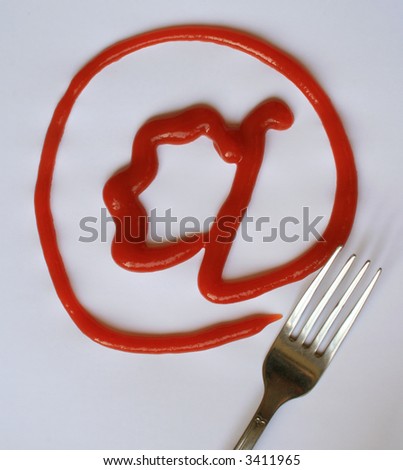 E-mail sign (ketchup) and fork on the white background.