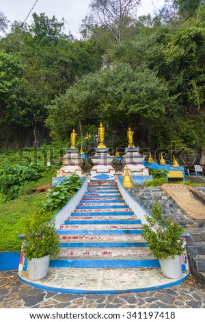 Tiger Cave Temple in Thailand, Krabi, Phuket. A Buddhist temple sits high above the mountain, after a steep climb of 1237 stairs