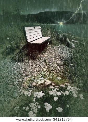 Empty bench in a strange green rainstorm