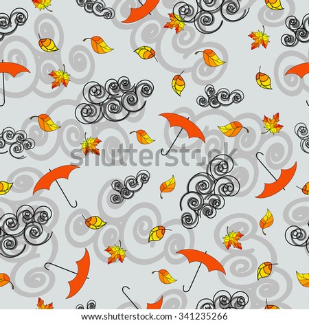 Seamless pattern background with clouds, umbrellas and autumn leaves. Vector illustration.