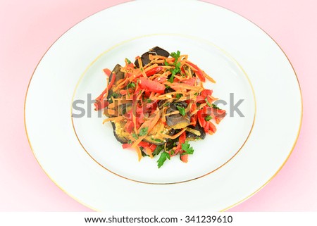 Diet and Healthy Food: Salad with Eggplant, Carrots. Studio Photo