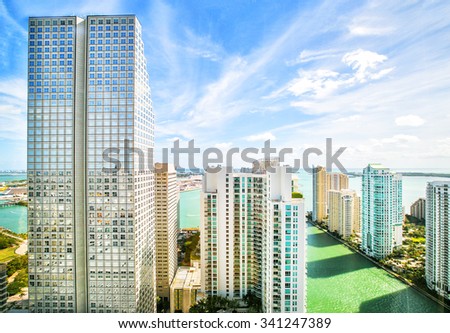 Skyscrapers in the Brickell Key area in downtown Miami along Biscayne Bay.
