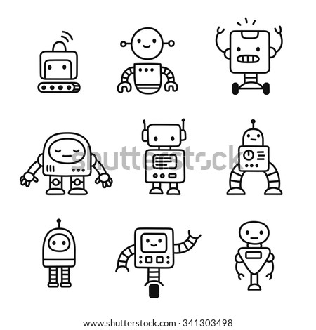 Cute little cartoon robots set. Hand drawn doodle style line art. Isolated vector illustration.