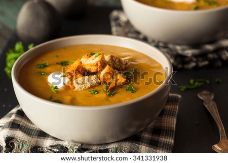Homemade Hot Butternut Squash Soup with Toppings Royalty-Free Stock Photo #341331938