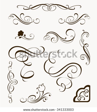 Set of decorative flourish elements. Calligraphic ornaments and borders for your design. Floral silhouettes. Calligraphy design elements for page decor
