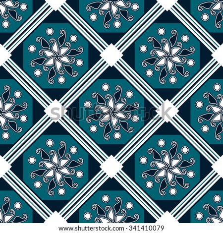 Seamless pattern with repeating patterns, blue background. Printing on ceramics. Vector illustration.